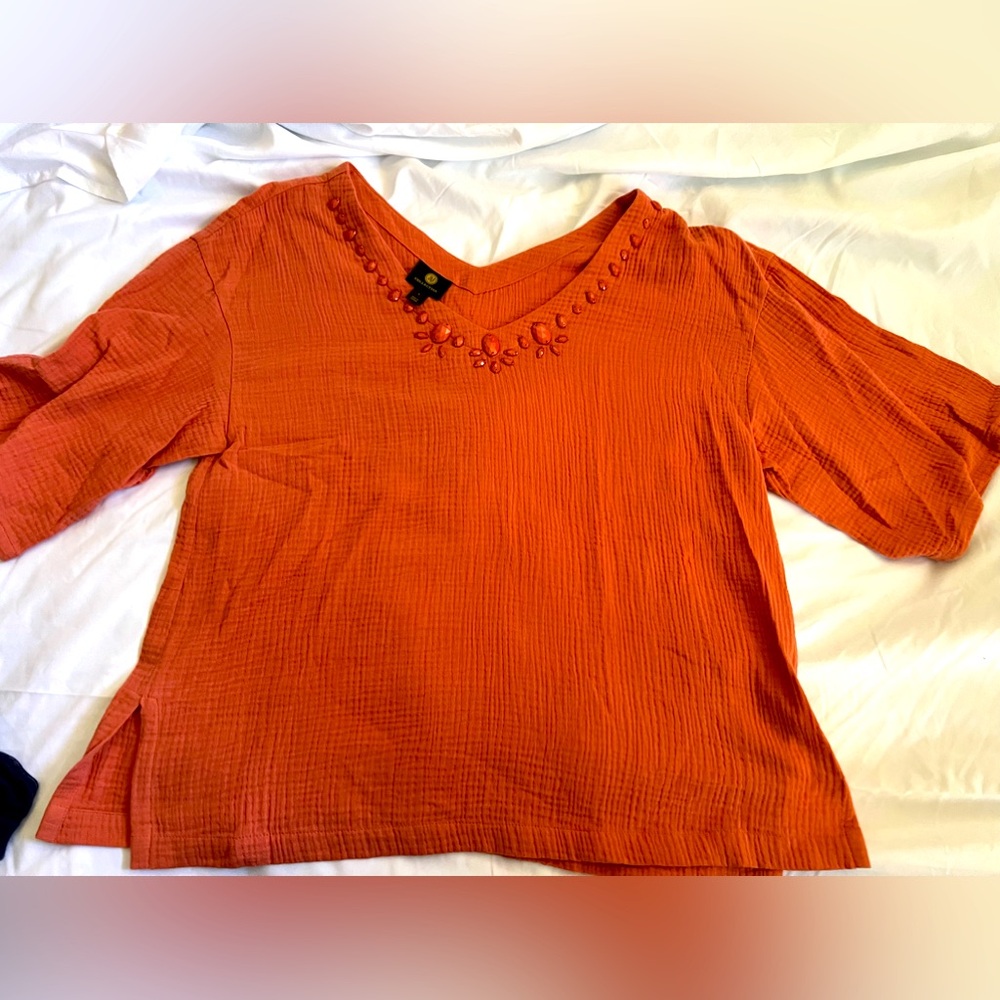 Salmon colored beaded top. NWOT See pics for measurements. abc.